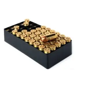 .38 Super Auto 130 grain FMJ ammunition, 50 rounds in a tray