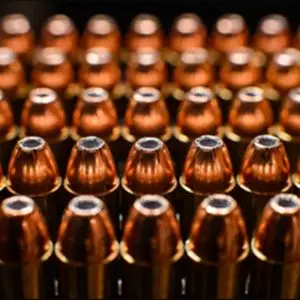 Rows of .380 ACP 100 grain jacketed hollow point cartridges