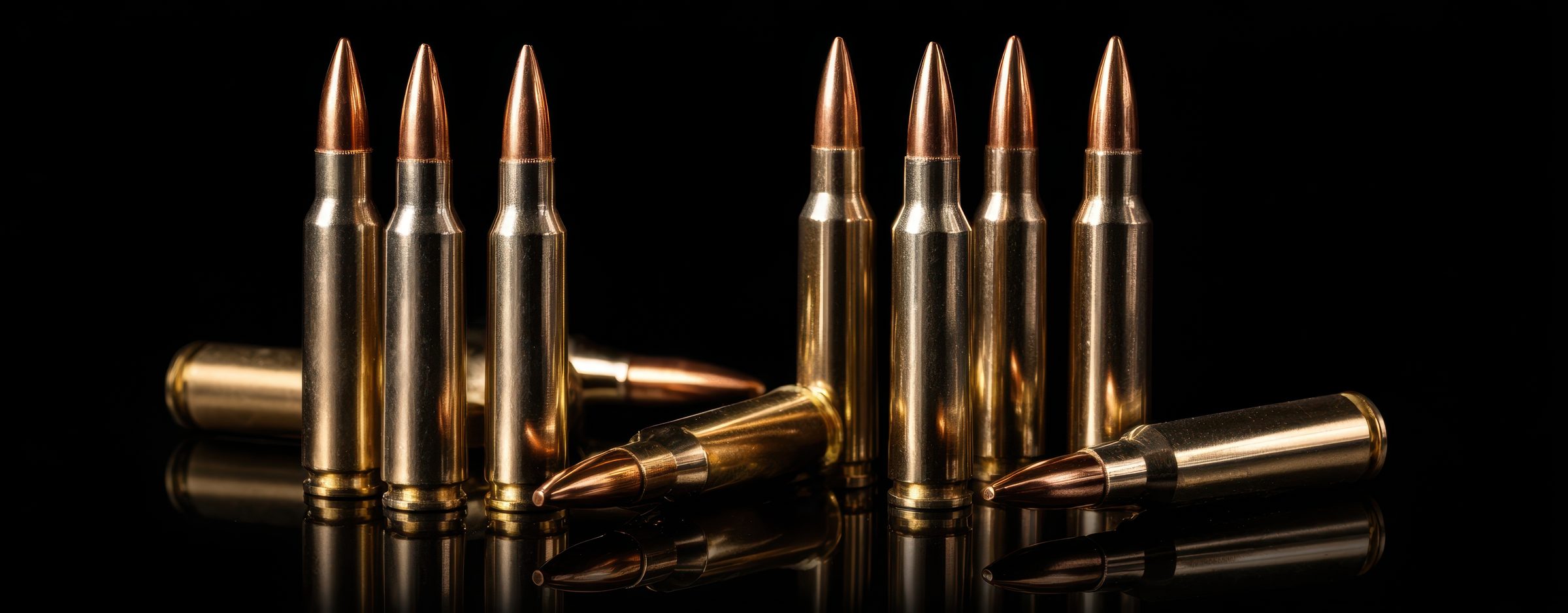 Rifle cartridges with copper-tipped bullets standing on a reflective black surface